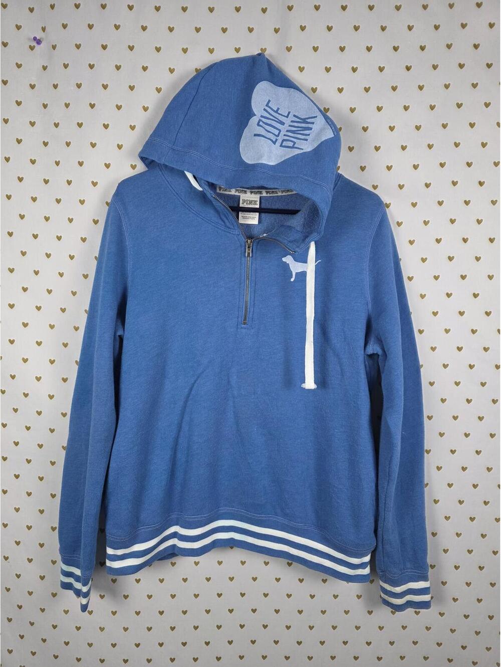 Victorias Secret Pink Love Heart Logo Quarter Zip Blue Hoodie Jacket LARGE